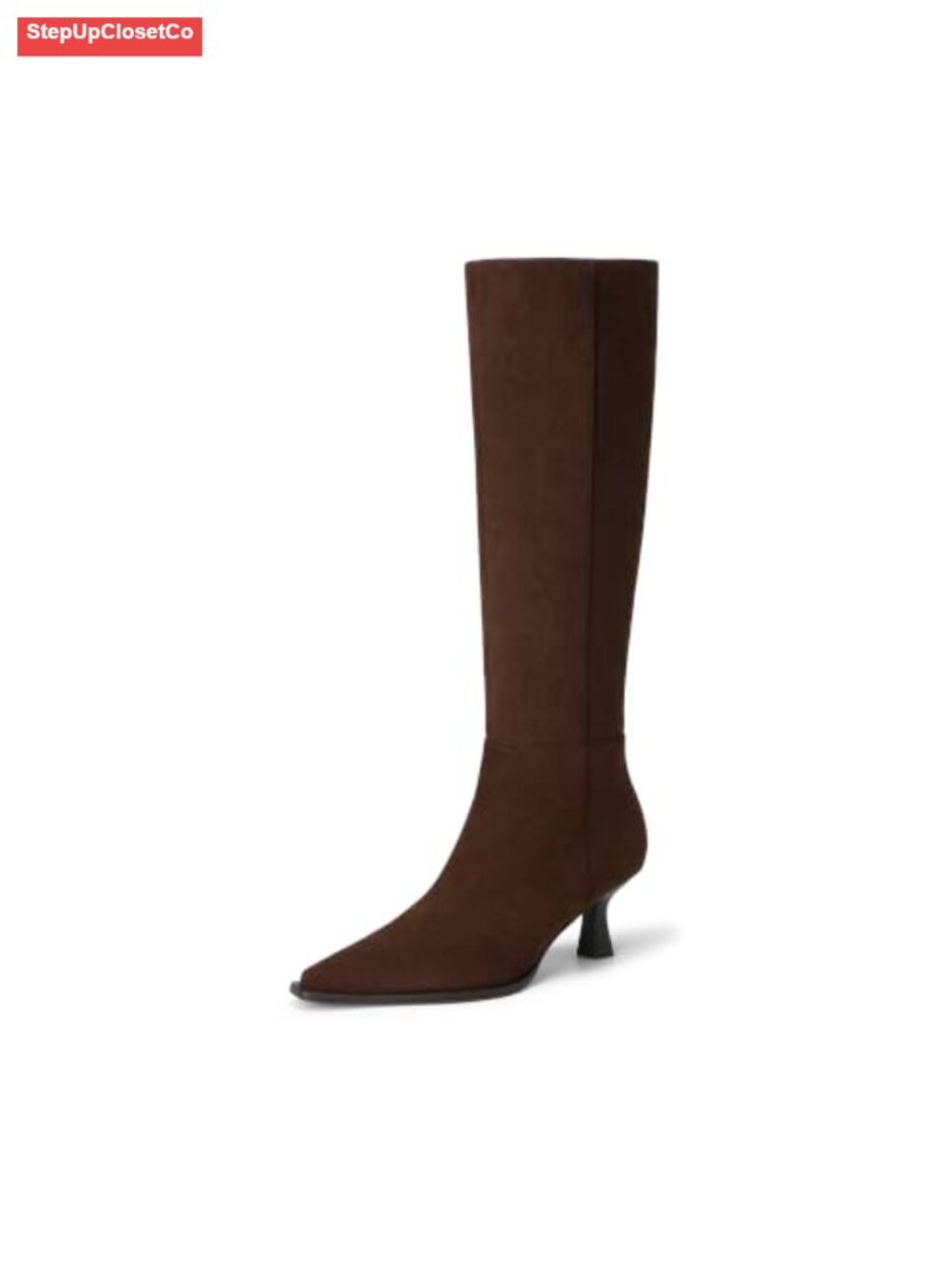 Kitten Heel Knee High Boots Pointy Toe Faux Suede Zip Up